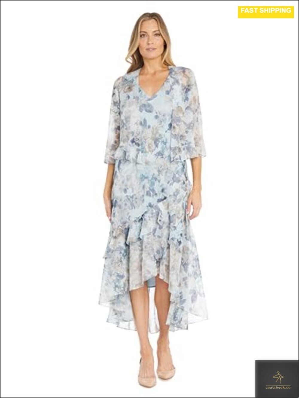 2 Piece Floral Chiffon High Low Jacket Dress Set W Ruffle Skirt V Neck